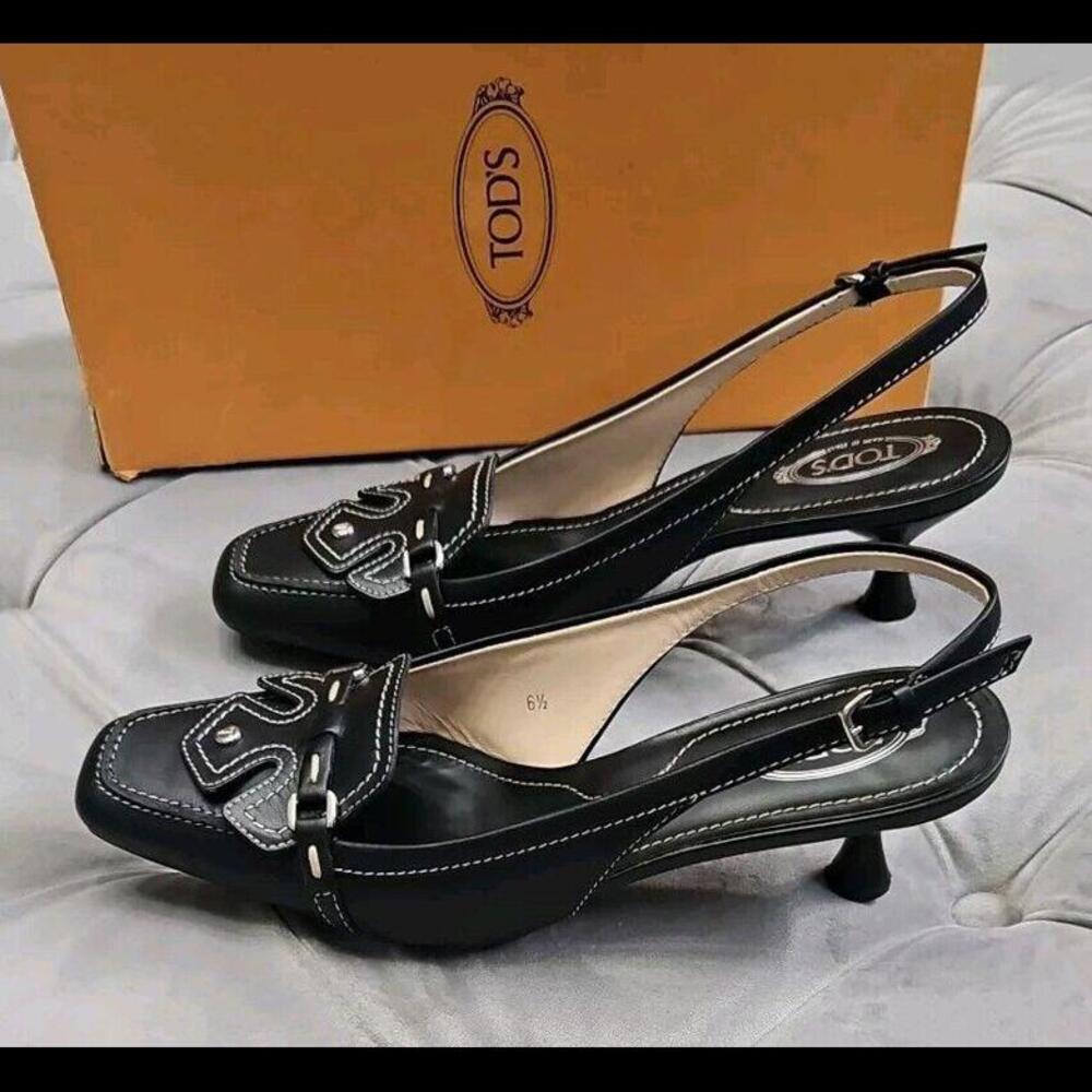 Tod's Chanel Slingback Black Leather Loafers Kitten Heels Womens Shoes 6.5 $1175